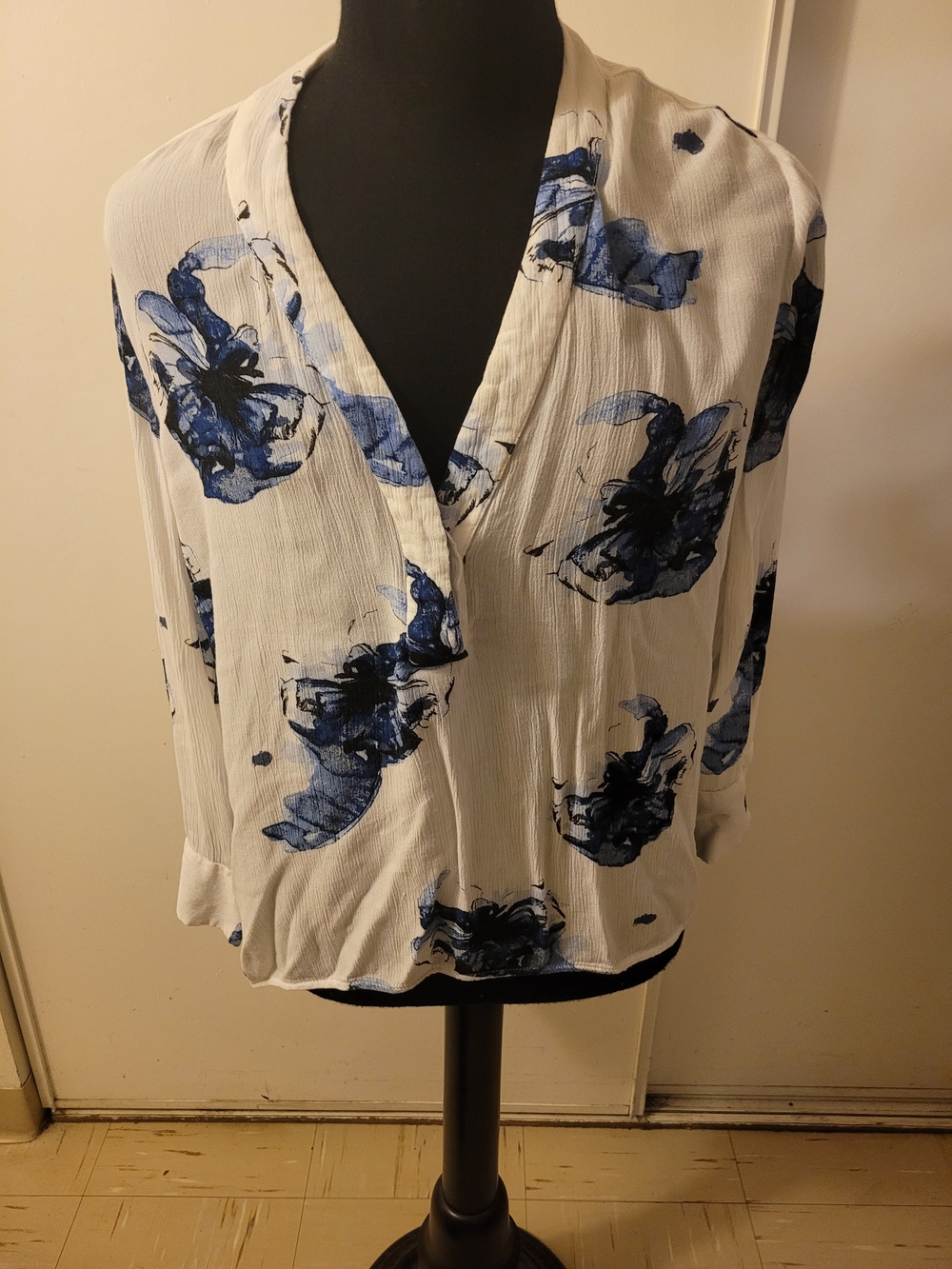 White Floral V-Neck Blouse with Blue Print